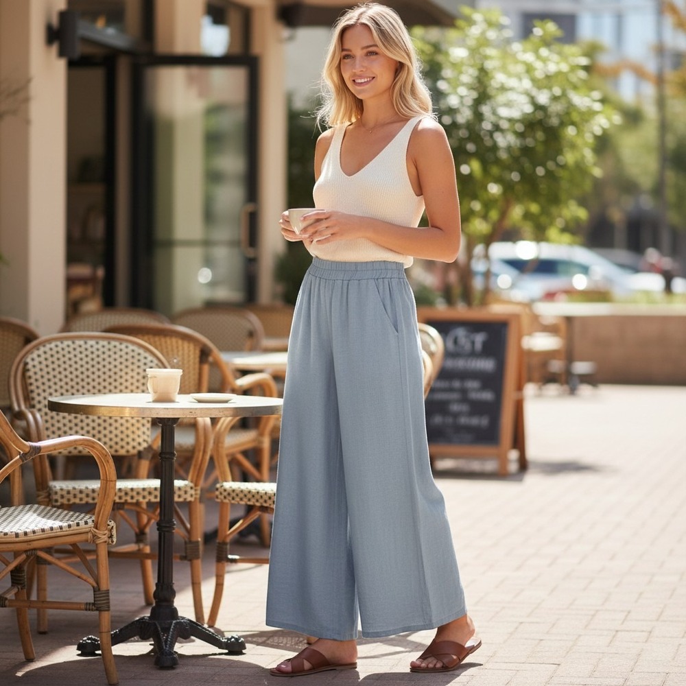 Bohme Wide Leg Elastic Waist Pants Pockets Blue Small Women Linen Blend